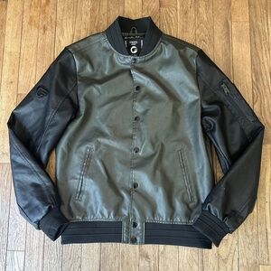Fried Denim‎ Bomber Jacket S Gray Black Varsity Faux Leather Snaps Streetwear
